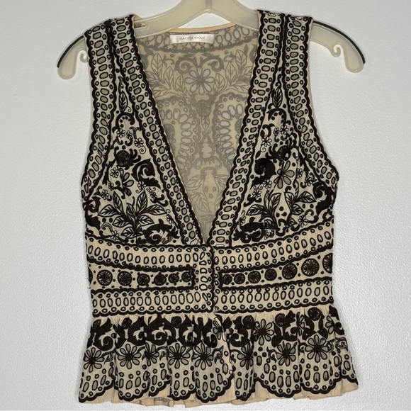 Naeem Khan Ivory & Brown Silk Embroidered Top Women’s Size 4 - Picture 2 of 10
